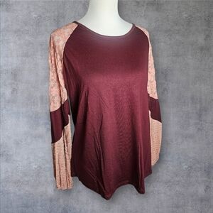 Women's Burgundy and Pink Long Sleeve Top